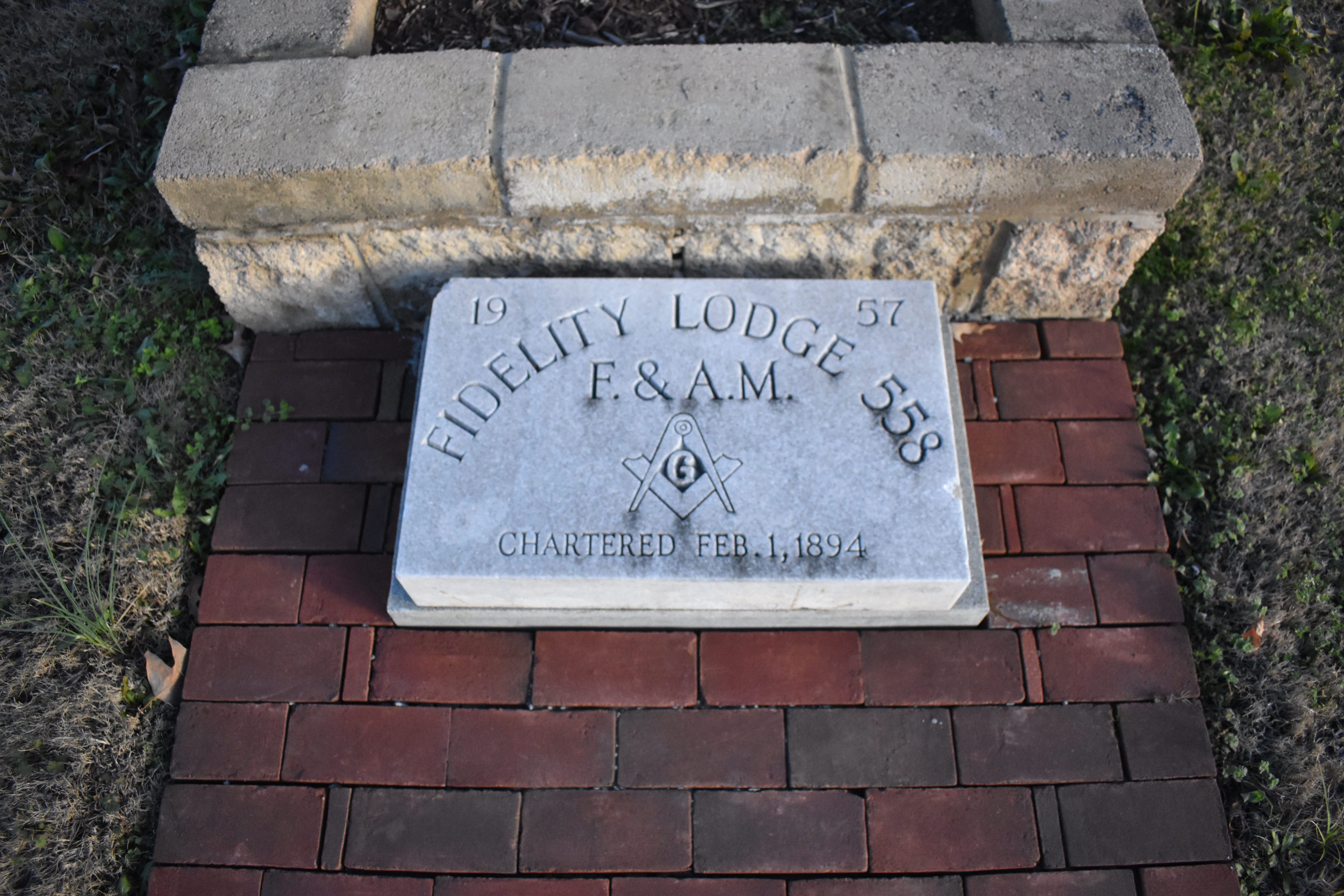 Cornerstone of Fidelity Lodge No. 558, chartered February 1, 1894