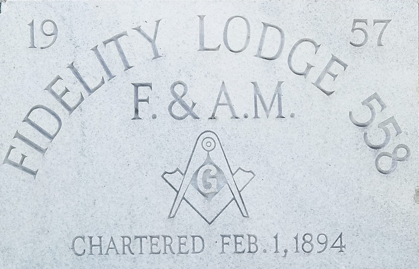 Cornerstone of Fidelity Lodge No. 558, chartered February 1, 1894